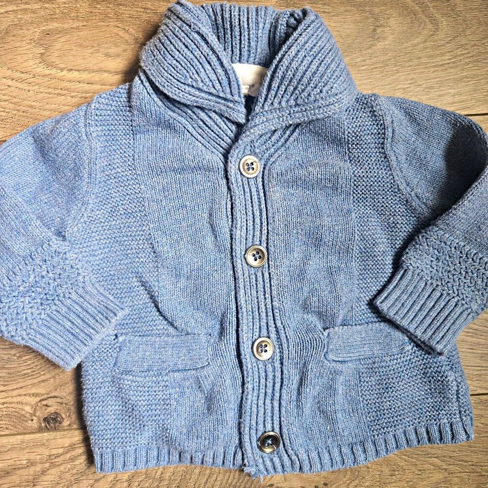 Angel Dear Baby 0-3M Blue Cotton Chunky Cable Knit Shawl Collar Cardigan Sweater